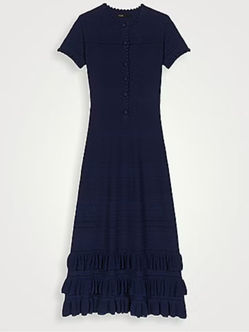Maje - Navy Short-Sleeve Knit Maxi Dress with Ruffles - Size 34